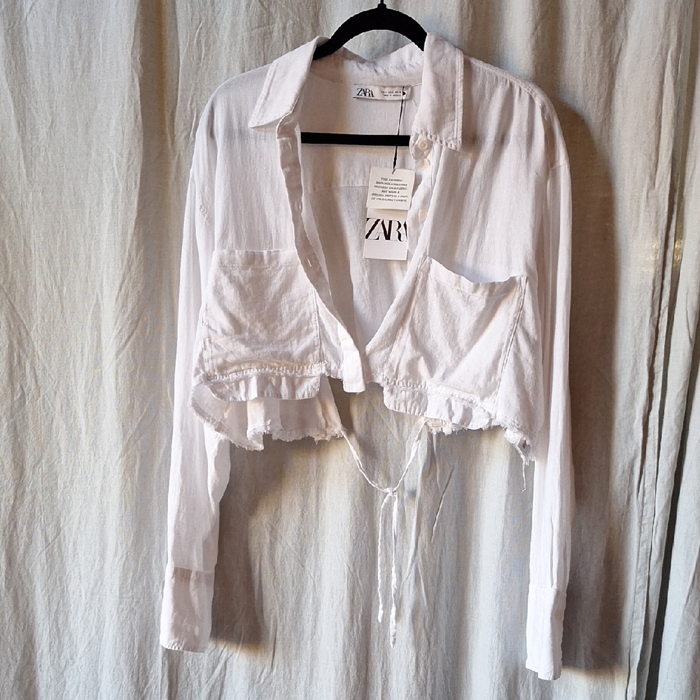 Zara White Button Down Cropped Shirt